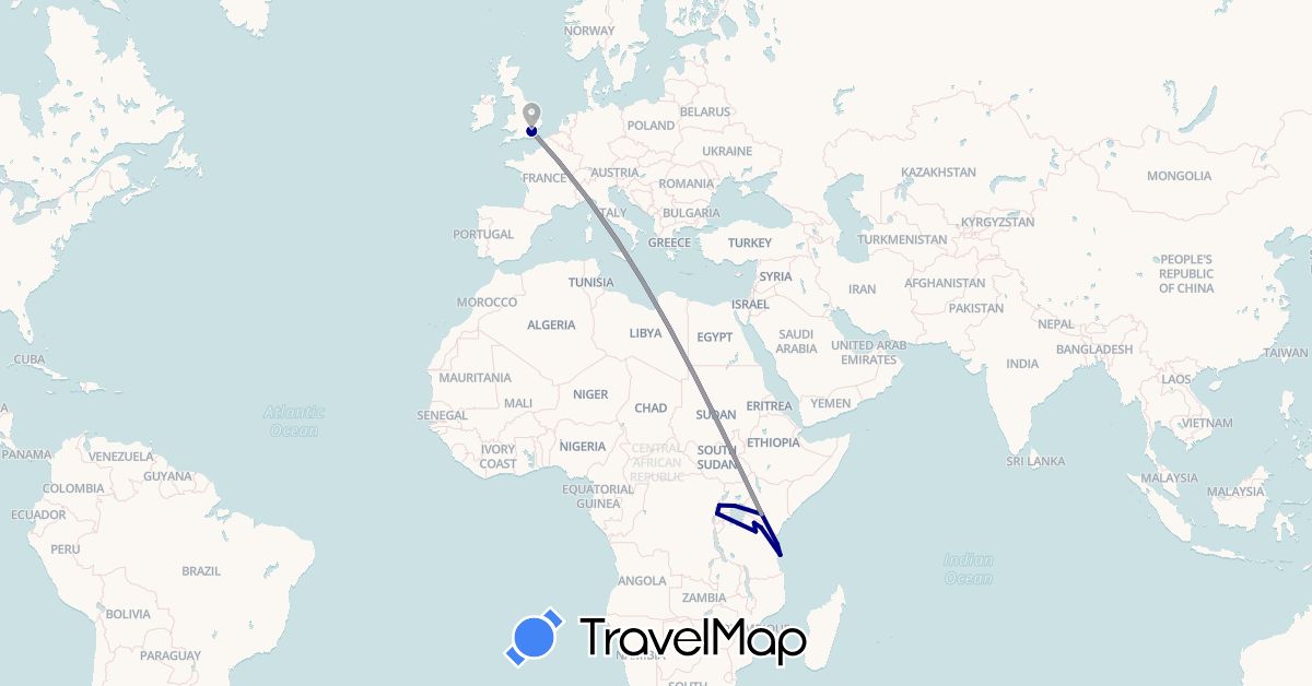 TravelMap itinerary: driving, plane in United Kingdom, Kenya, Tanzania, Uganda (Africa, Europe)